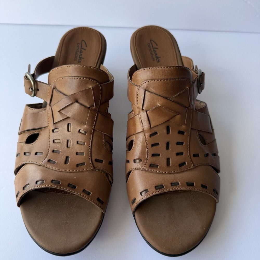 Clarks Bendable Womens Wedge Sandals Slide Brown Tan Adjustable Straps Size 11